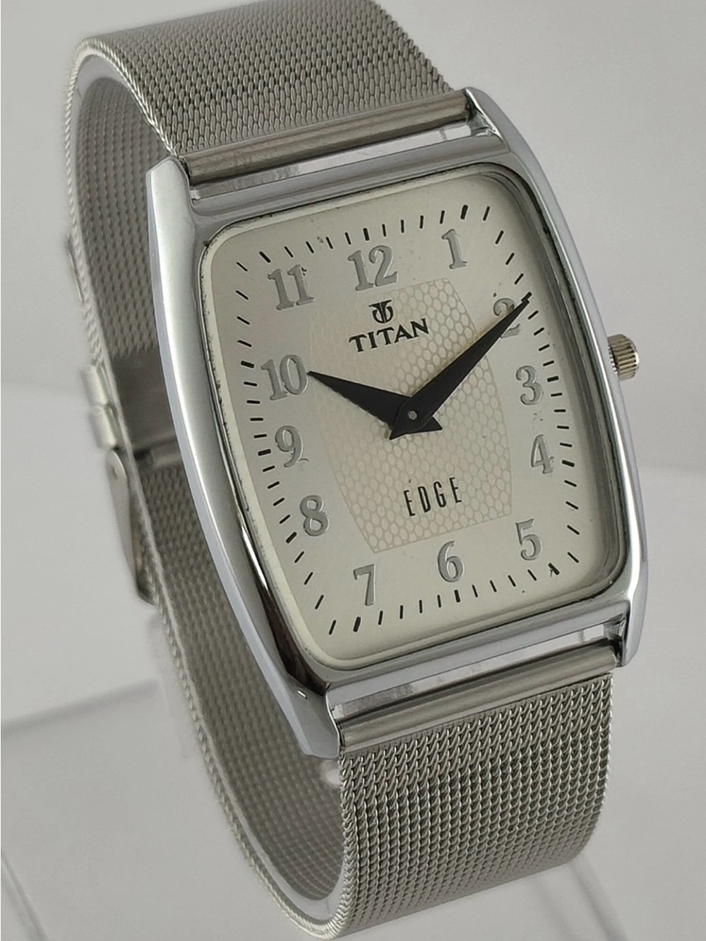 Titan Silver Mesh Edge Rectangular Watch with Ivory Dial